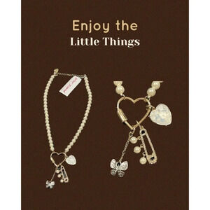 Betsey Johnson Gold Open Heart-Butterfly-Pin Charms Faux Pearl Chain Necklace